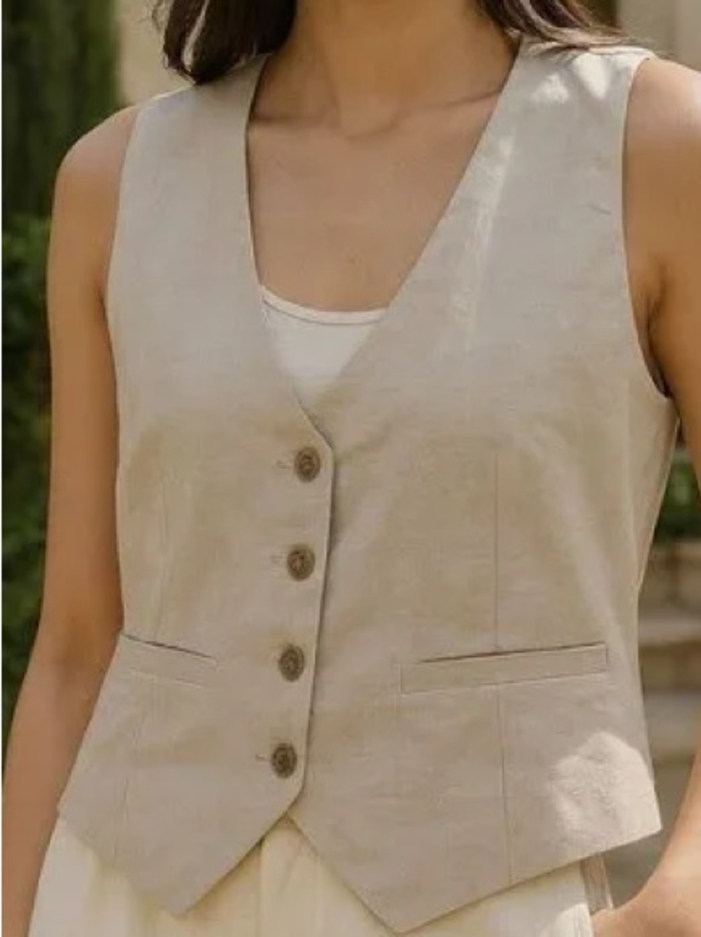 A New Day Classic Beige Button-Front Linen Vest size Large